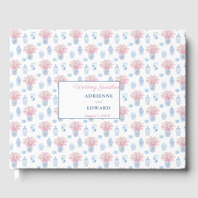 Preppy Chinese Burk Navy Blue and Rosa Bröllop Gue Gästböcker (Framsida)