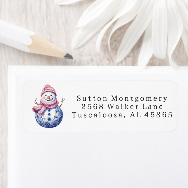 Preppy Chinoiserie Christmas Snowman Address Returadress Etikett (Insitu)