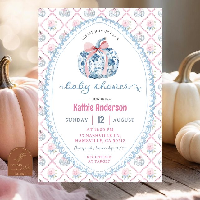 Preppy Chinoiserie Fall Pumpkin Baby Shower Inbjudningar (Skapare uppladdad)