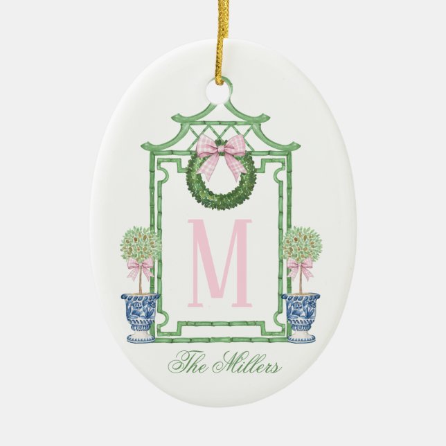 Preppy Chinoiserie jul Pagoda Monogram Julgransprydnad Keramik (Framsidan)