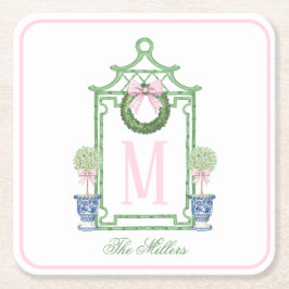 Preppy Chinoiserie jul Pagoda Monogram Underlägg Papper Kvadrat