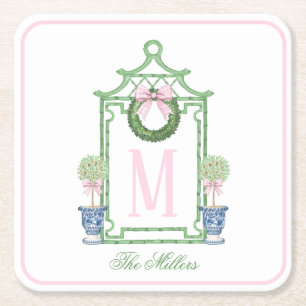 Preppy Chinoiserie jul Pagoda Monogram Underlägg Papper Kvadrat