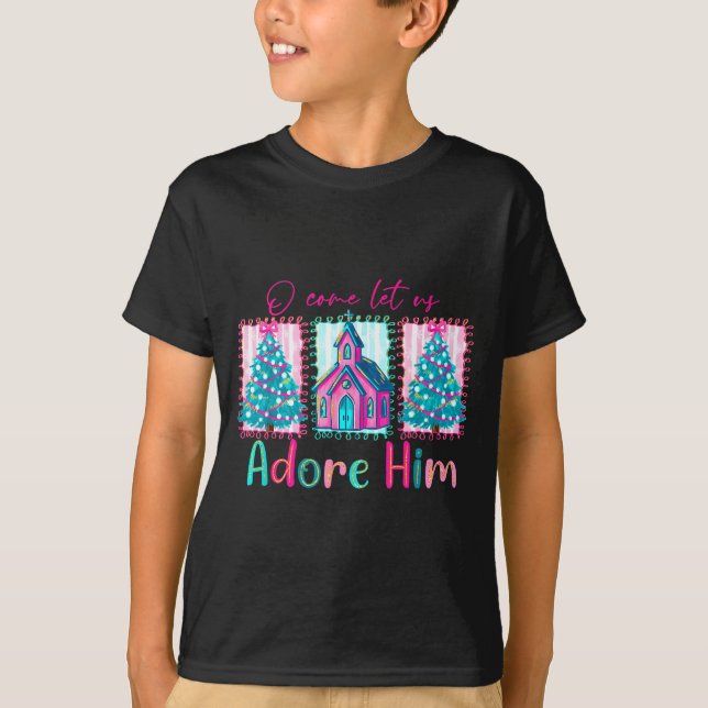 Preppy Christian Retro Christmas Oh Come Let Us Ad T Shirt (Framsida)