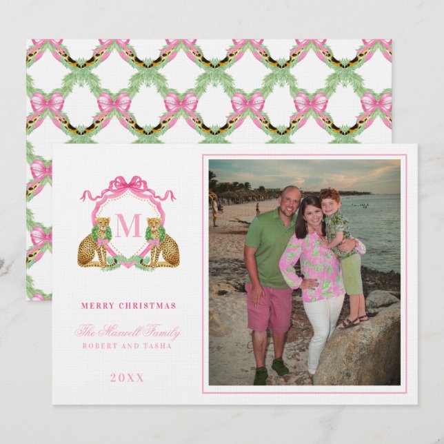 Preppy Christmas Leopard Crest Monogram  Inbjudningar (Fram/baksida)