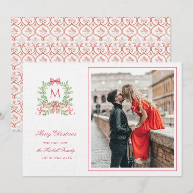 Preppy Christmas Leopard Crest Monogram  Inbjudningar (Fram/baksida)