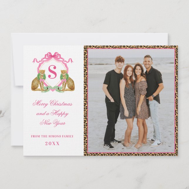 Preppy Christmas Leopard Monogram Photo In Inbjudningar (Framsida)