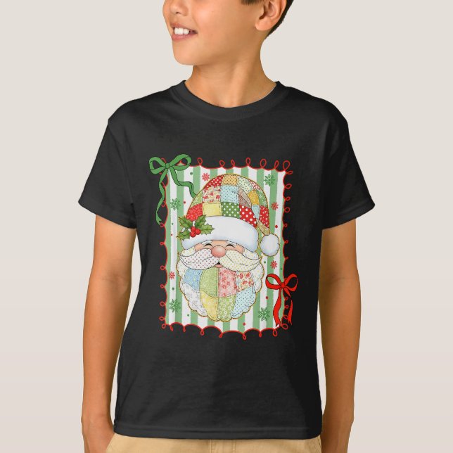Preppy Christmas Santa Claus Patchwork Xmas Women  T Shirt (Framsida)