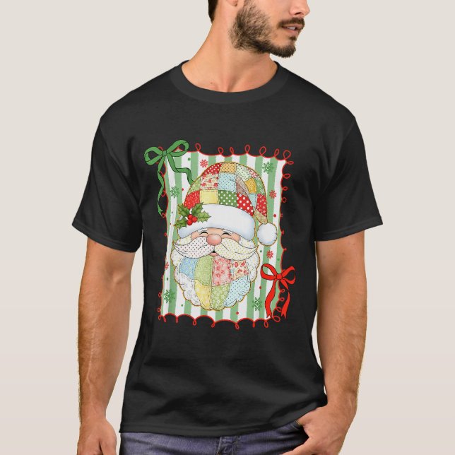 Preppy Christmas Santa Claus Patchwork Xmas Women  T Shirt (Framsida)