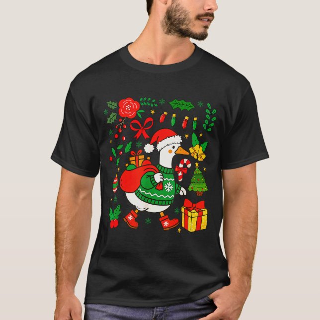Preppy Christmas Santa Gooses Bow Xmas Tree Funny  T Shirt (Framsida)