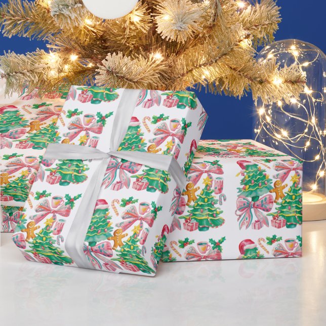 Preppy Christmas Tree Bow Pink Blue Coquette Presentpapper (Helgdagar)