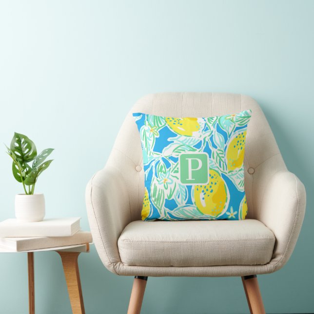 Preppy citronmönster Blå monogram Kudde (Stol)