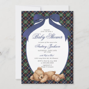 Preppy Classic Polo Björn Navy Plaid Baby Shower Inbjudningar