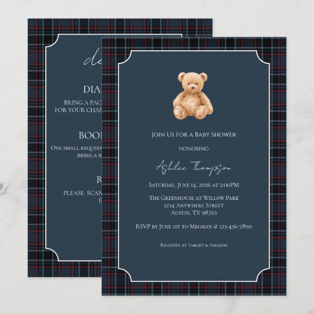 Preppy Classic Teddy Bear Baby Shower Inbjudningar (Fram/baksida)