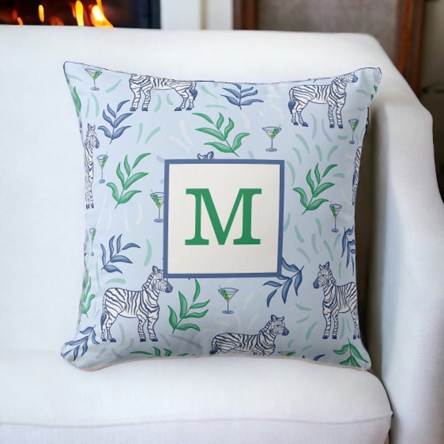 Preppy Classic Zebror och Martinis Blå Monogram Kudde (Skapare uppladdad)
