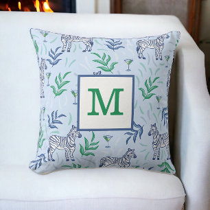 Preppy Classic Zebrors och Martinis Blue Monogram Kudde