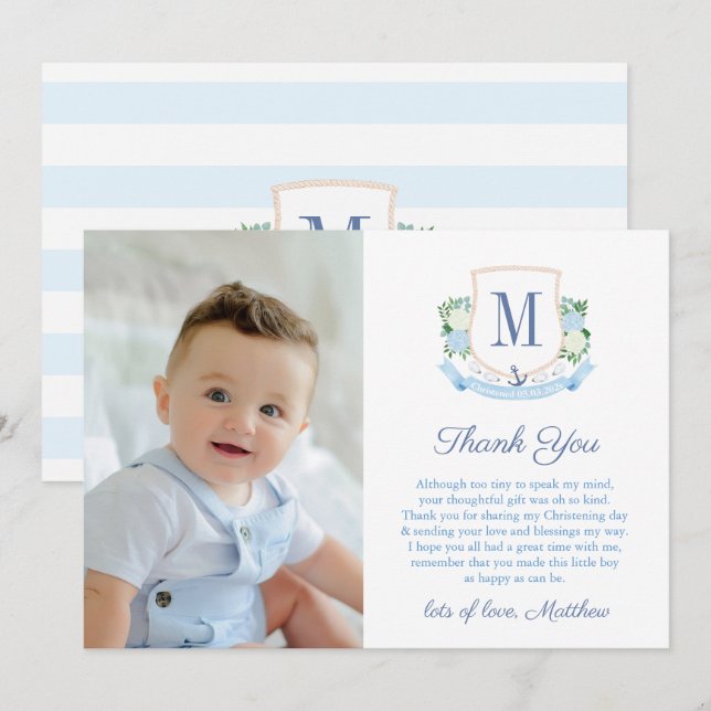 Preppy Coastal Monogram Pojke Christening Photo Tack Kort (Fram/baksida)