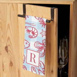 Preppy Coastal Seafood Gingham Kitchen Decor Kökshandduk