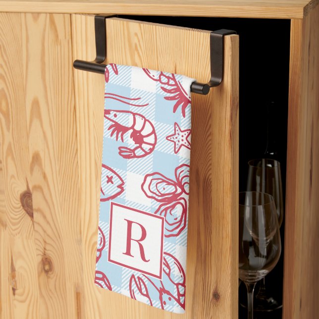 Preppy Coastal Seafood Gingham Kitchen Decor Kökshandduk (Thirds Fold)