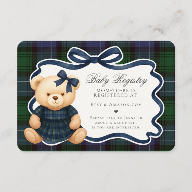Preppy Coquette Bow Bear Plaid Baby Registry Card Tilläggskort (Framsida)