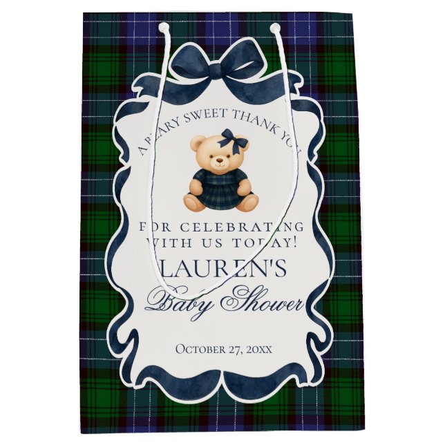 Preppy Coquette Bow Bear Plaid Baby Shower Favors (Framsidan)