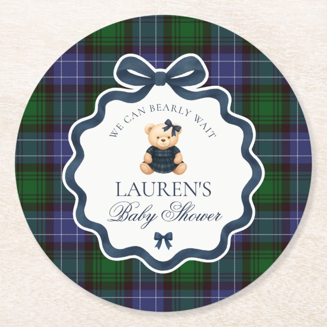 Preppy Coquette Bow Bear Plaid Baby Shower  Underlägg Papper Rund (Framsidan)