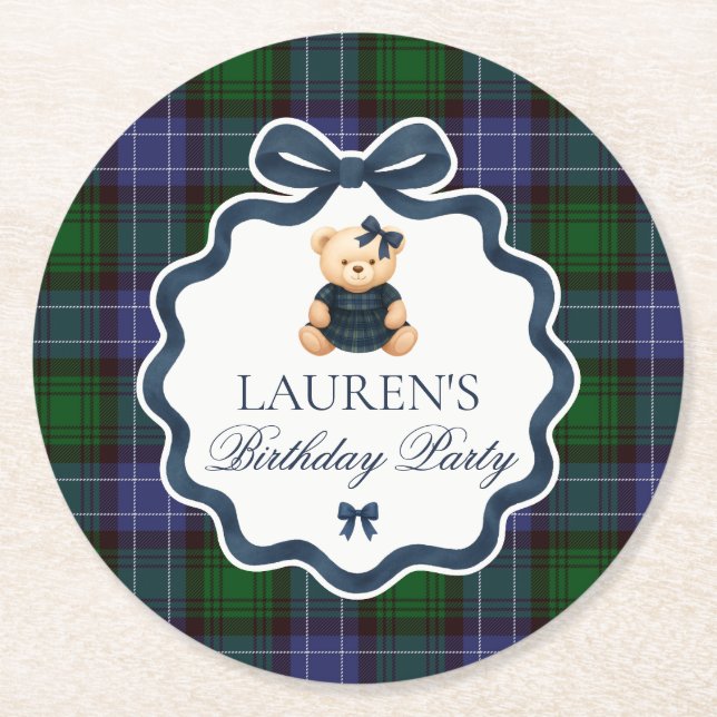 Preppy Coquette Bow Bear Plaid Birthday  Underlägg Papper Rund (Framsidan)