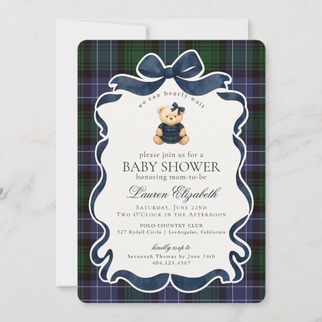 Preppy Coquette Bow Bear Tartan Plaid Baby Shower Inbjudningar (Framsida)