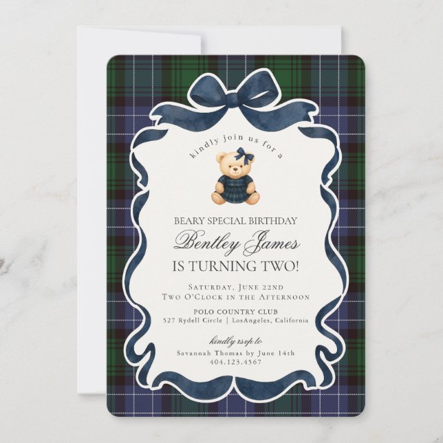 Preppy Coquette Bow Bear Tartan Plaid Birthday Inbjudningar (Framsida)