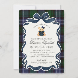 Preppy Coquette Bow Bear Tartan Plaid Birthday Inbjudningar