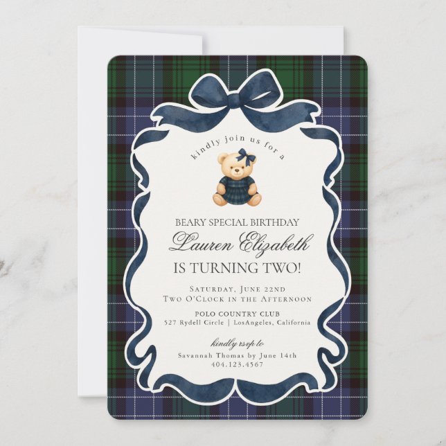 Preppy Coquette Bow Bear Tartan Plaid Birthday Inbjudningar (Framsida)
