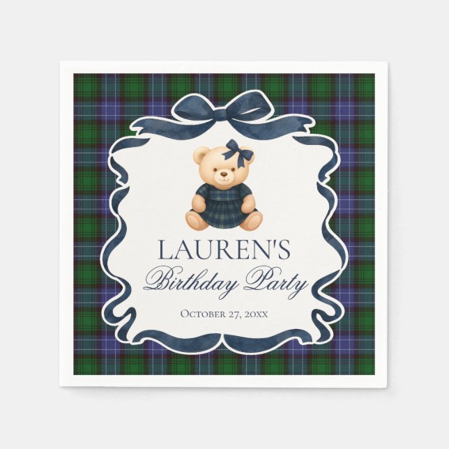 Preppy Coquette Bow Bear Tartan Plaid Birthday Pappersservett (Framsidan)