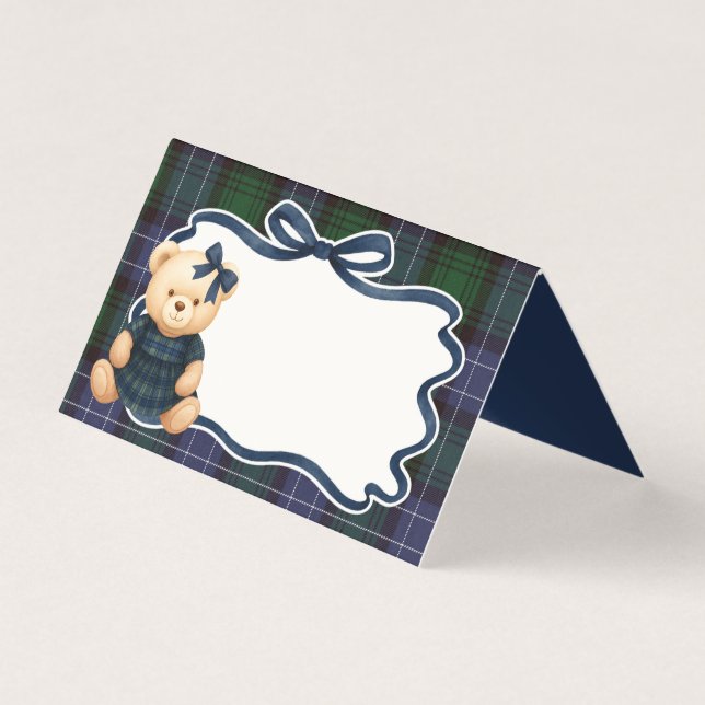 Preppy Coquette Bow Bear Tartan Plaid Place Card Kort (Framsida)
