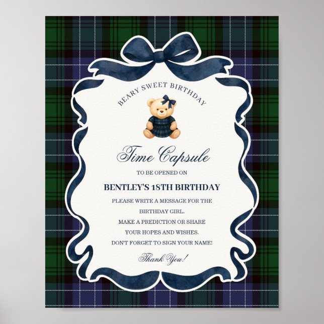 Preppy Coquette Bow Björn Födelsedag Tidskapsel Poster (Framsidan)