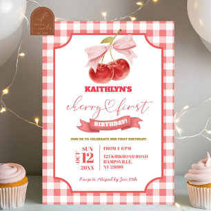 Preppy Coquette Cherry on Top First Birthday Girl Inbjudningar