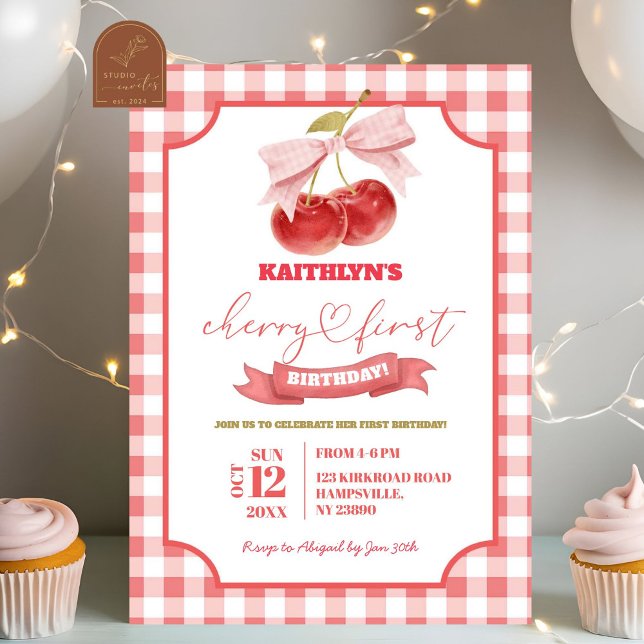 Preppy Coquette Cherry on Top First Birthday Girl Inbjudningar (Skapare uppladdad)