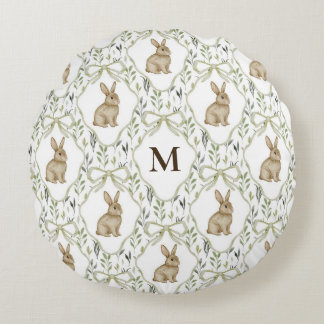 Preppy Coquette Watercolor Kanin Anpassad Monogram Rund Kudde