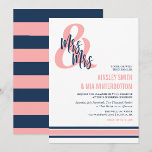 Preppy Coral & Navy Mrs & Mrs Bröllop Inbjudningar