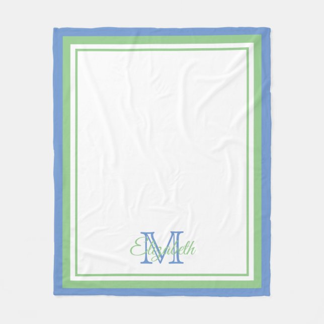 Preppy CornblommBlue and Sage Grönt Monogram Fleecefilt (Framsidan)