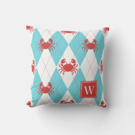 Preppy Crab Argyle Red & Turquoise Monogram Kudde