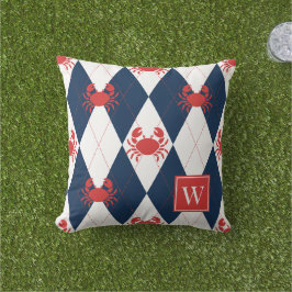 Preppy Crab Argyle Röd & Marinblå Monogram Kudde