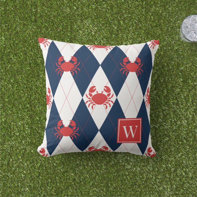 Preppy Crab Argyle Röd & Marinblå Monogram Kudde (Gräs)