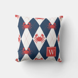 Preppy Crab Argyle Röd & Marinblå Monogram Kudde