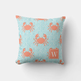 Preppy Crab Greek Key Coral & Turquoise Monogram Kudde