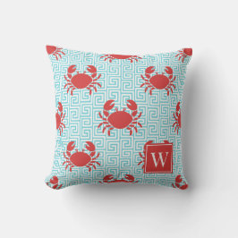 Preppy Crab Greek Key Red & Turquoise Monogram Kudde