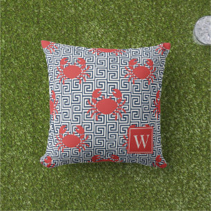Preppy Crab Grekisk Nyckel Röd & Marinblå Monogram Kudde