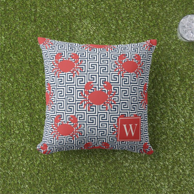 Preppy Crab Grekisk Nyckel Röd & Marinblå Monogram Kudde (Gräs)