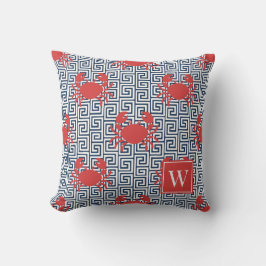 Preppy Crab Grekisk Nyckel Röd & Marinblå Monogram Kudde