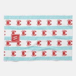 Preppy Crab Grekisk Nyckel Röd & Turkos Monogram Kökshandduk