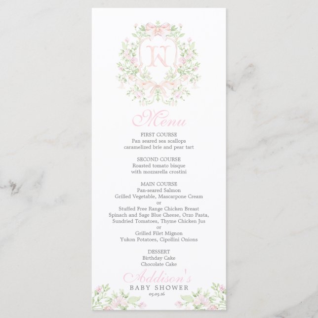 Preppy Crest Baby Shower Menu Meny (Framsida)