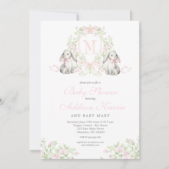 Preppy Crest bunny Baby Shower Invitation Inbjudningar (Framsida)
